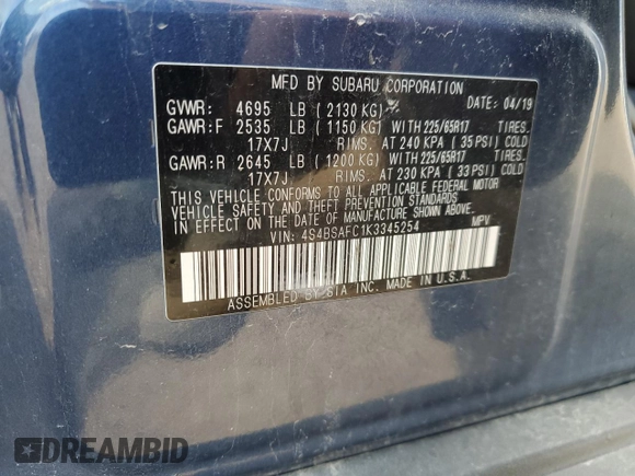 2019 Subaru Outback Premium with VIN 4S4BSAFC1K3345254, listed as a Copart auction lot 56785595 with 91,820 mi miles and Salvage title. Bid and sale history available at DreamBid. Image 12.