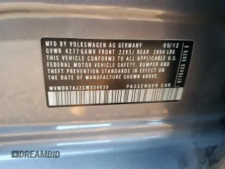 2012 Volkswagen Golf w/Conv с VIN WVWDB7AJ2CW334639, выставлен на аукционе Copart как лот 72347974 с пробегом 111 683 миль миль и Списание • Salvage title. История ставок и продаж доступна на DreamBid. Изображение 12.