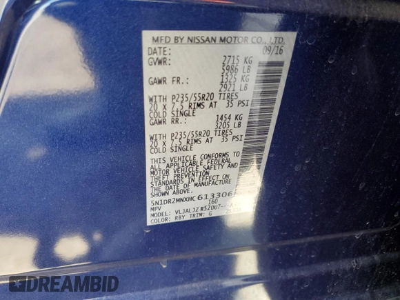2017 Nissan Pathfinder Platinum with VIN 5N1DR2MNXHC613306, listed as a Copart auction lot 62641485 with 161,737 mi miles and Salvage title. Bid and sale history available at DreamBid. Image 13.