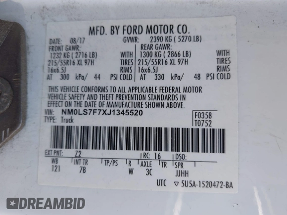 2018 Ford Transit Connect XLT with VIN NM0LS7F7XJ1345520, listed as a IAAI auction lot 42387801 with 98,035 mi miles and . Bid and sale history available at DreamBid. Image 9.