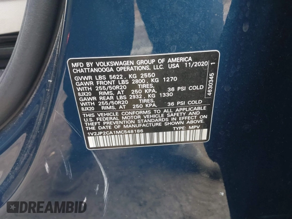 2021 Volkswagen Atlas SE with VIN 1V2JP2CA1MC548186, listed as a IAAI auction lot 41209054 with 99,071 mi miles and . Bid and sale history available at DreamBid. Image 9.