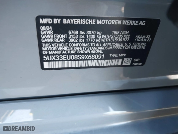 2025 BMW X5 M60i with VIN 5UX33EU08S9X68091, listed as a IAAI auction lot 41246321 with 10 mi miles. Bid and sale history available at carsss.com. Image 9.