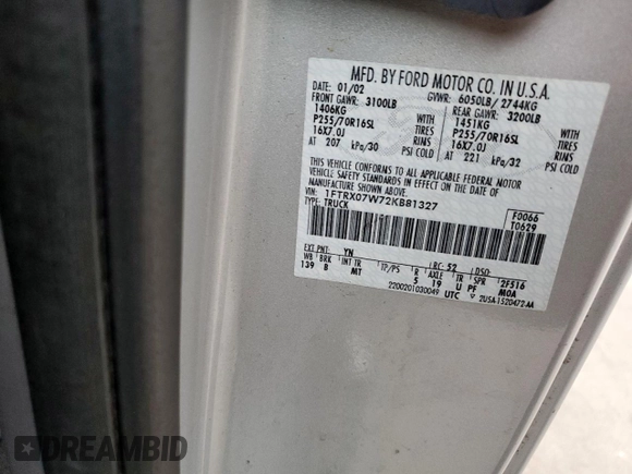 2002 Ford F-150 XL z VIN 1FTRX07W72KB81327, wystawiony jako Copart lot #59488305 z przebiegiem 102 848 mil mil oraz Szkoda całkowita • Salvage title. Historia ofert i sprzedaży dostępna na DreamBid. Obrazek 12.