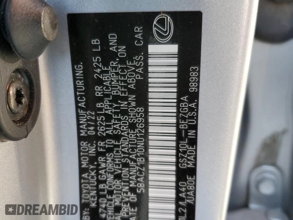 2022 Lexus ES with VIN 58ACZ1B10NU126958, listed as a Copart auction lot 49055705 with 38,167 mi miles and Salvage Title. Bid and sale history available at carsss.com. Image 12.