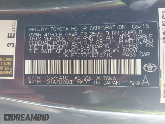 2015 Scion tC z VIN JTKJF5C70FJ013710, wystawiony jako IAAI lot #41770647 z przebiegiem Nie podano mil oraz . Historia ofert i sprzedaży dostępna na DreamBid. Obrazek 9.