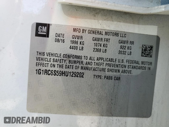2017 Chevrolet Volt LT with VIN 1G1RC6S59HU129202, listed as a Copart auction lot 60581062 with 124,373 mi miles. Bid and sale history available at carsss.com. Image 10.