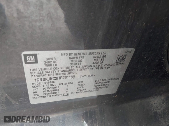 2017 Chevrolet Suburban Premier with VIN 1GNSKJKC3HR201180, listed as a IAAI auction lot 41516652 with Not Provided miles and . Bid and sale history available at DreamBid. Image 9.