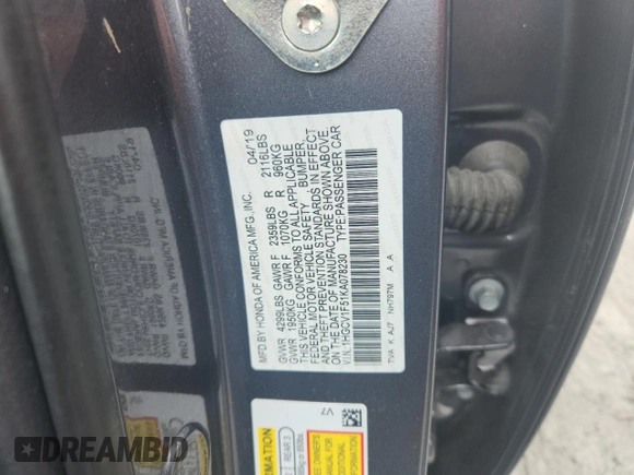 2019 Honda Accord EX-L with VIN 1HGCV1F51KA078230, listed as a Copart auction lot 58779925 with 108,532 mi miles and Salvage title. Bid and sale history available at DreamBid. Image 12.