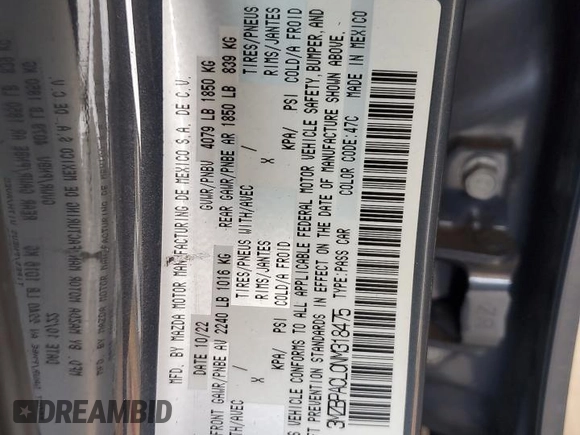 2022 Mazda 3 Carbon Edition with VIN 3MZBPACL0NM318475, listed as a Copart auction lot 59286455 with 27,327 mi miles and Salvage title. Bid and sale history available at DreamBid. Image 12.