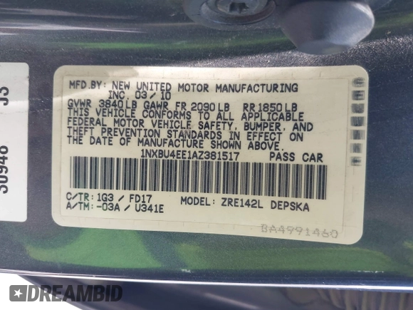 2010 Toyota Corolla с VIN 1NXBU4EE1AZ381517, выставлен на аукционе IAAI как лот 42304545 с пробегом 367 167 миль миль и . История ставок и продаж доступна на DreamBid. Изображение 9.