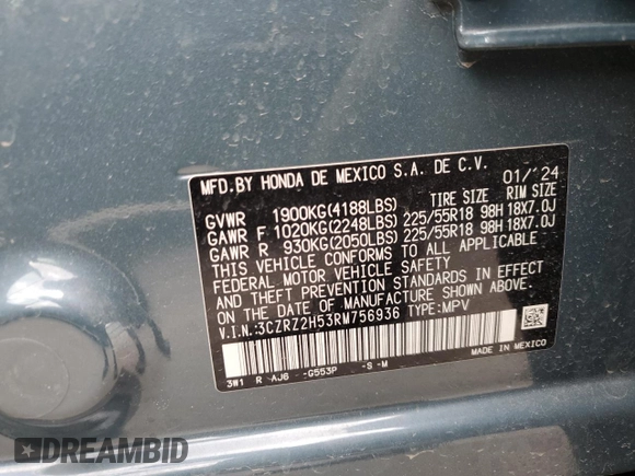 2024 Honda HR-V Sport with VIN 3CZRZ2H53RM756936, listed as a Copart auction lot 49142525 with 14,096 mi miles and Salvage Title. Bid and sale history available at carsss.com. Image 16.