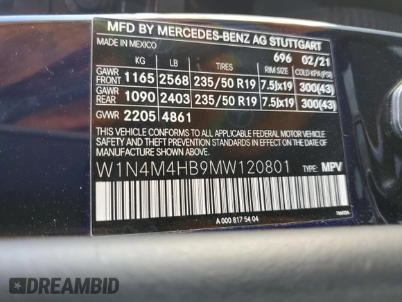 2021 Mercedes-Benz GLB 250 с VIN W1N4M4HB9MW120801, выставлен на аукционе Copart как лот 60654655 с пробегом 79 991 миль миль и Списание • Salvage title. История ставок и продаж доступна на DreamBid. Изображение 13.