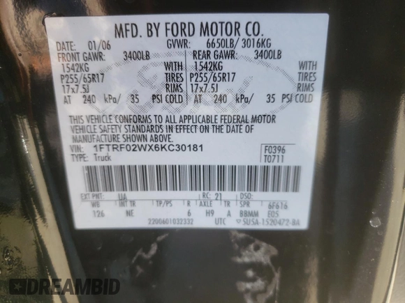 2006 Ford F-150 STX with VIN 1FTRF02WX6KC30181, listed as a Copart auction lot 46457425 with 250,674 mi miles and Salvage Title. Bid and sale history available at carsss.com. Image 12.