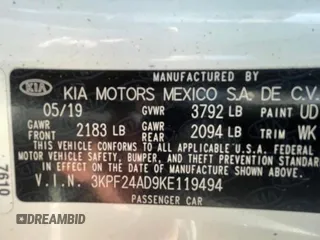2019 Kia Forte LXS with VIN 3KPF24AD9KE119494, listed as a Copart auction lot 43289985 with 1 mi miles and Clean Title. Bid and sale history available at carsss.com. Image 10.