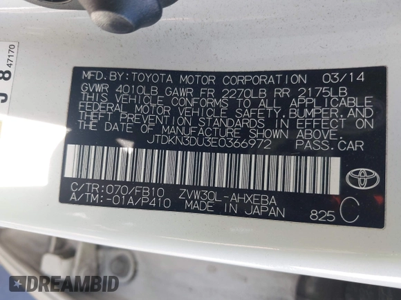 2014 Toyota Prius Four with VIN JTDKN3DU3E0366972, listed as a IAAI auction lot 41991529 with 152,993 mi miles. Bid and sale history available at carsss.com. Image 9.