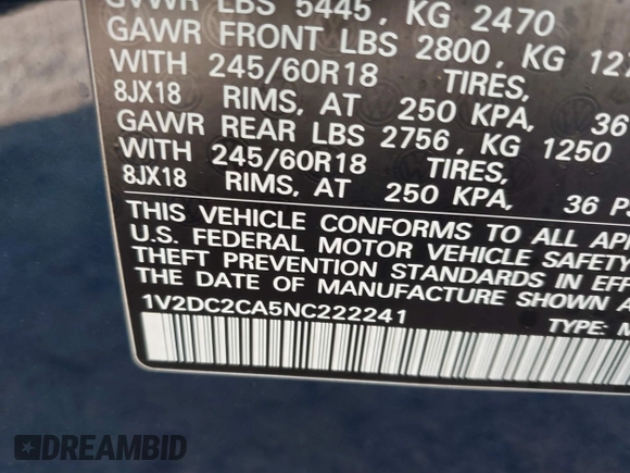 2022 Volkswagen Atlas SE with VIN 1V2DC2CA5NC222241, listed as a IAAI auction lot 41767069 with 45,915 mi miles and . Bid and sale history available at DreamBid. Image 9.