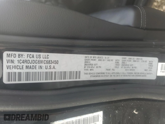 2021 Dodge Durango GT Plus with VIN 1C4RDJDG6MC683450, listed as a Copart auction lot 58923535 with 59,114 mi miles and Salvage title. Bid and sale history available at DreamBid. Image 13.