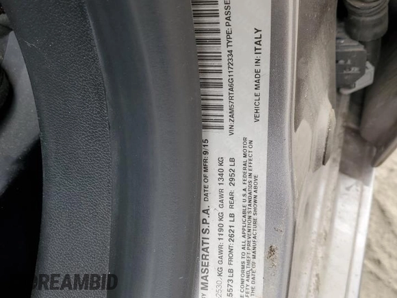 2016 Maserati Ghibli S Q4 z VIN ZAM57RTA6G1172334, wystawiony jako Copart lot #56601575 z przebiegiem 109 524 mil mil oraz Szkody całkowita. Historia ofert i sprzedaży dostępna na DreamBid. Obrazek 12.