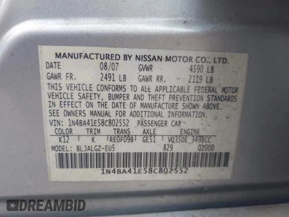 2008 Nissan Maxima 3.5 SL with VIN 1N4BA41E58C802552, listed as a IAAI auction lot 41592779 with 125,519 mi miles. Bid and sale history available at carsss.com. Image 9.