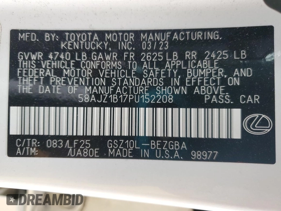 2023 Lexus ES with VIN 58AJZ1B17PU152208, listed as a Copart auction lot 50709745 with 30,597 mi miles and Salvage Title. Bid and sale history available at carsss.com. Image 13.