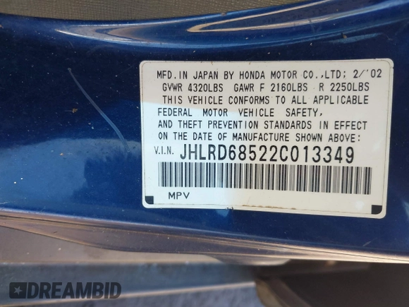 2002 Honda CR-V LX with VIN JHLRD68522C013349, listed as a IAAI auction lot 41794065 with 135,159 mi miles and . Bid and sale history available at DreamBid. Image 9.