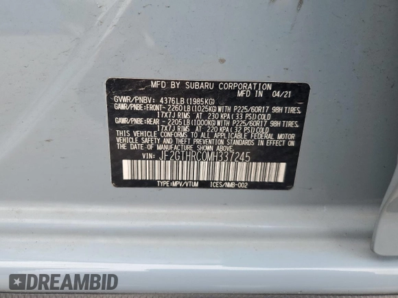 2021 Subaru Crosstrek Special Sports with VIN JF2GTHRC0MH337245, listed as a Copart auction lot 58582645 with 64,347 mi miles and Salvage title. Bid and sale history available at DreamBid. Image 13.