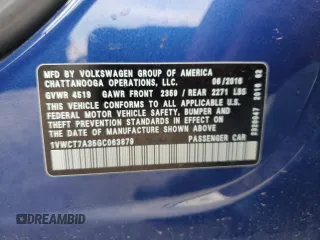 2016 Volkswagen Passat SEL z VIN 1VWCT7A35GC063879, wystawiony jako Copart lot #53856545 z przebiegiem 56 856 mil mil oraz Szkoda całkowita • Salvage title. Historia ofert i sprzedaży dostępna na DreamBid. Obrazek 13.