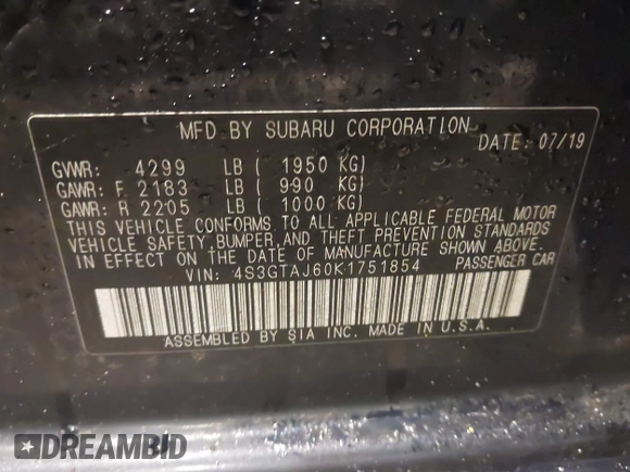 2019 Subaru Impreza Special Sports with VIN 4S3GTAJ60K1751854, listed as a IAAI auction lot 41469703 with 28,354 mi miles and . Bid and sale history available at DreamBid. Image 9.