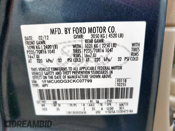 2012 Ford Escape XLT z VIN 1FMCU0DG3CKC07799, wystawiony jako Copart lot #59535605 z przebiegiem 69 378 mil mil oraz Szkoda całkowita • Salvage title. Historia ofert i sprzedaży dostępna na DreamBid. Obrazek 13.