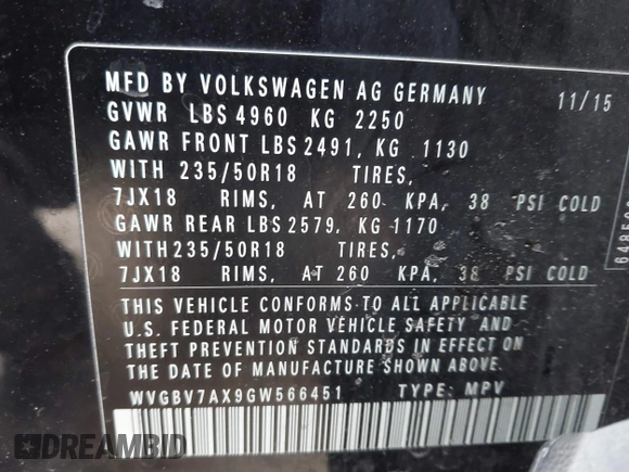 2016 Volkswagen Tiguan S with VIN WVGBV7AX9GW566451, listed as a IAAI auction lot 41393999 with 51,616 mi miles and . Bid and sale history available at DreamBid. Image 9.