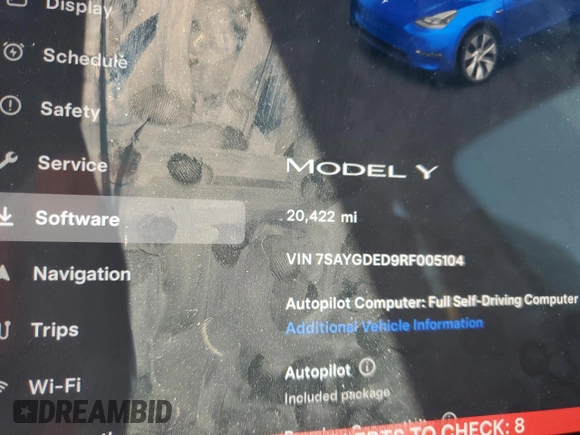2024 Tesla Model Y z VIN 7SAYGDED9RF005104, wystawiony jako Copart lot #64974545 z przebiegiem 20 422 mil mil oraz Szkoda całkowita • Salvage title. Historia ofert i sprzedaży dostępna na DreamBid. Obrazek 9.