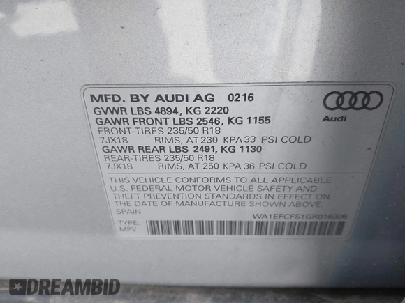 2016 Audi Q3 Premium Plus with VIN WA1EFCFS1GR016996, listed as a IAAI auction lot 41942380 with 90,852 mi miles and . Bid and sale history available at DreamBid. Image 9.