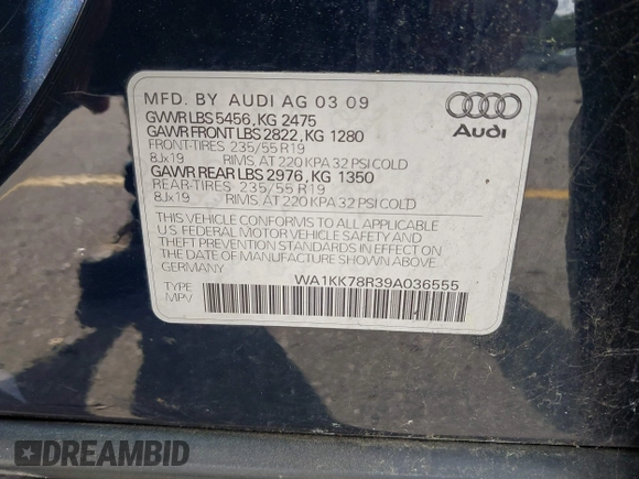 2009 Audi Q5 Premium Plus z VIN WA1KK78R39A036555, wystawiony jako IAAI lot #42166408 z przebiegiem 258 742 mil mil oraz . Historia ofert i sprzedaży dostępna na DreamBid. Obrazek 9.