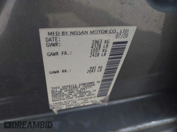 2020 Nissan Altima 2.5 SR with VIN 1N4BL4CV7LC260063, listed as a IAAI auction lot 41765219 with 83,847 mi miles. Bid and sale history available at carsss.com. Image 9.