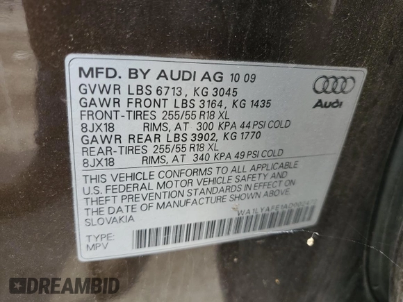 2010 Audi Q7 3.6L Premium Plus with VIN WA1LYAFE1AD002472, listed as a Copart auction lot 53059815 with 130,026 mi miles and Salvage Title. Bid and sale history available at carsss.com. Image 13.