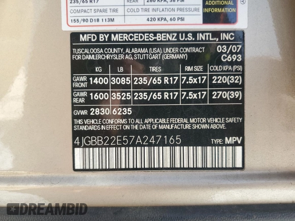 2007 Mercedes-Benz M 320 CDI with VIN 4JGBB22E57A247165, listed as a Copart auction lot 87360114 with 237,018 mi miles and Clean Title. Bid and sale history available at carsss.com. Image 13.