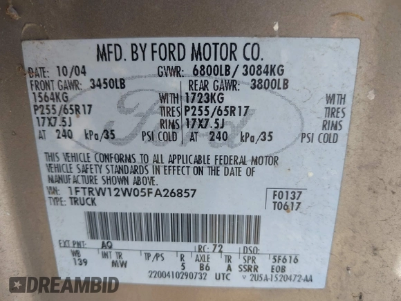 2005 Ford F-150 XLT с VIN 1FTRW12W05FA26857, выставлен на аукционе IAAI как лот 42479295 с пробегом 250 563 миль миль и . История ставок и продаж доступна на DreamBid. Изображение 9.