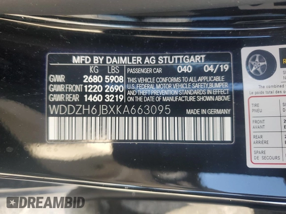 2019 Mercedes-Benz E 450 with VIN WDDZH6JBXKA663095, listed as a Copart auction lot 81369044 with 43,455 mi miles and Salvage Title. Bid and sale history available at DreamBid. Image 14.