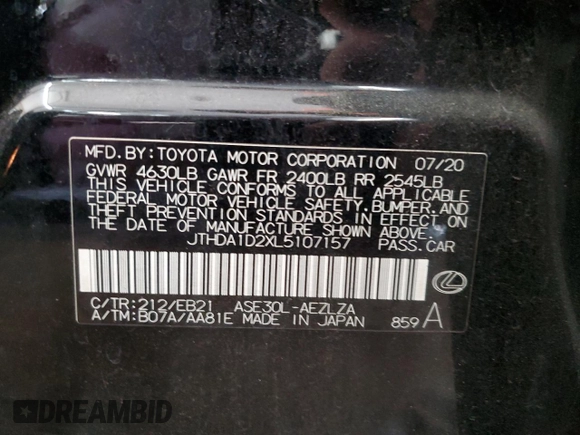 2020 Lexus IS 300 with VIN JTHDA1D2XL5107157, listed as a Copart auction lot 80091224 with 64,545 mi miles and Salvage title. Bid and sale history available at DreamBid. Image 13.