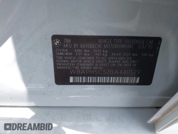 2011 BMW 3 Series 328i with VIN WBAPH5C52BA440579, listed as a IAAI auction lot 42359647 with 90,826 mi miles and . Bid and sale history available at DreamBid. Image 9.