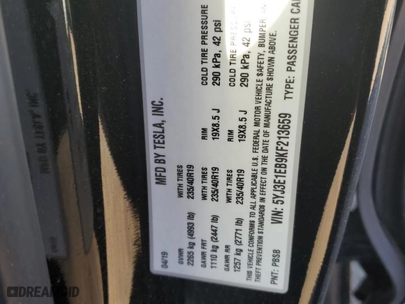 2019 Tesla Model 3 Long Range with VIN 5YJ3E1EB9KF213659, listed as a Copart auction lot 73509474 with 54,000 mi miles and Salvage Title. Bid and sale history available at carsss.com. Image 14.