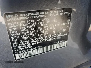 2022 Volkswagen Atlas SEL Premium R-Line with VIN 1V2FR2CA1NC501595, listed as a Copart auction lot 47357345 with 47,354 mi miles and Salvage title. Bid and sale history available at DreamBid. Image 15.