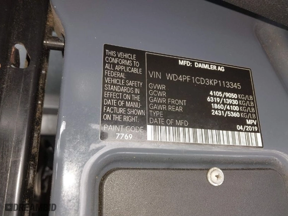 2019 Mercedes-Benz Sprinter Cargo Van with VIN WD4PF1CD3KP113345, listed as a IAAI auction lot 41606161 with 65,144 mi miles. Bid and sale history available at carsss.com. Image 9.