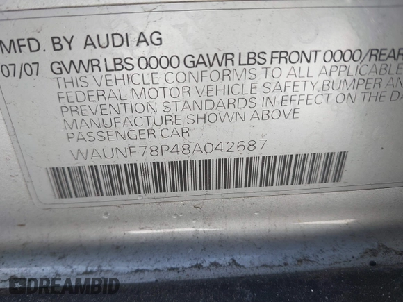 2008 Audi A3 with VIN WAUNF78P48A042687, listed as a IAAI auction lot 41374363 with 136,019 mi miles. Bid and sale history available at carsss.com. Image 9.