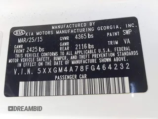 2015 Kia Optima LX with VIN 5XXGM4A78FG464232, listed as a IAAI auction lot 42097937 with Not Provided miles and . Bid and sale history available at DreamBid. Image 9.