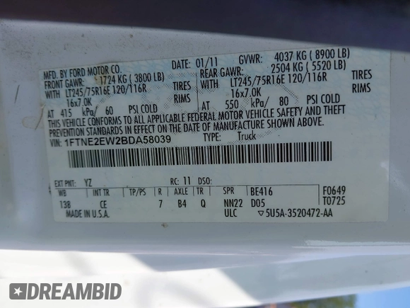 2011 Ford Econoline Cargo Commercial with VIN 1FTNE2EW2BDA58039, listed as a IAAI auction lot 42790590 with 240,510 mi miles and . Bid and sale history available at DreamBid. Image 9.