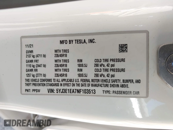 2022 Tesla Model 3 with VIN 5YJ3E1EA7NF103513, listed as a IAAI auction lot 41643592 with 35,631 mi miles and . Bid and sale history available at DreamBid. Image 9.