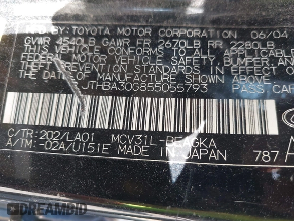 2005 Lexus ES 350 with VIN JTHBA30G855055793, listed as a IAAI auction lot 42219253 with 313,449 mi miles and . Bid and sale history available at DreamBid. Image 9.