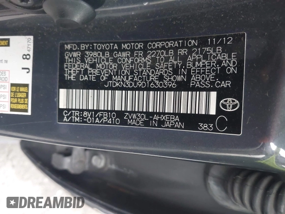 2013 Toyota Prius One with VIN JTDKN3DU9D1630396, listed as a IAAI auction lot 42141438 with 96,295 mi miles. Bid and sale history available at carsss.com. Image 9.