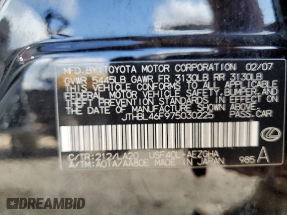 2007 Lexus LS 460 with VIN JTHBL46F975030225, listed as a Copart auction lot 54592425 with 226,524 mi miles and Salvage Title. Bid and sale history available at DreamBid. Image 12.